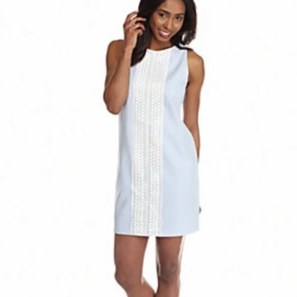 London Times Seersucker & Crochet Lace 60s/70s Shift Dress Sz 6 Blue/White 250C - Picture 7 of 11